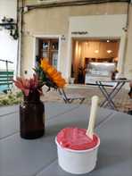 Strawberry ice cream in front of Mimuna
